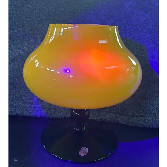 Mid Century Yellow Empoli Glows Orange Cased Glass With Green Pedestal - Picture 2 of 11